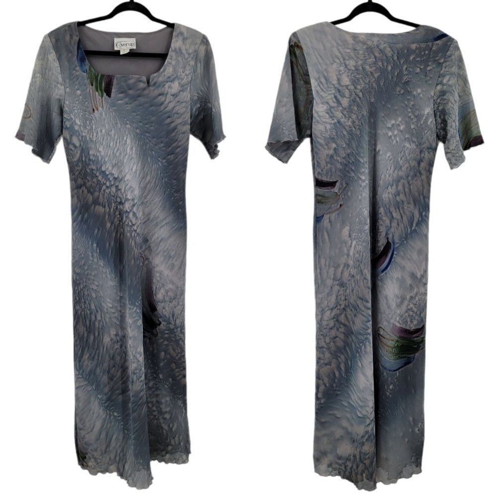 Vtg 80's Womens Dress Maxi Angelcore Fairycore Feather Wing Print‎ Blue Sz M